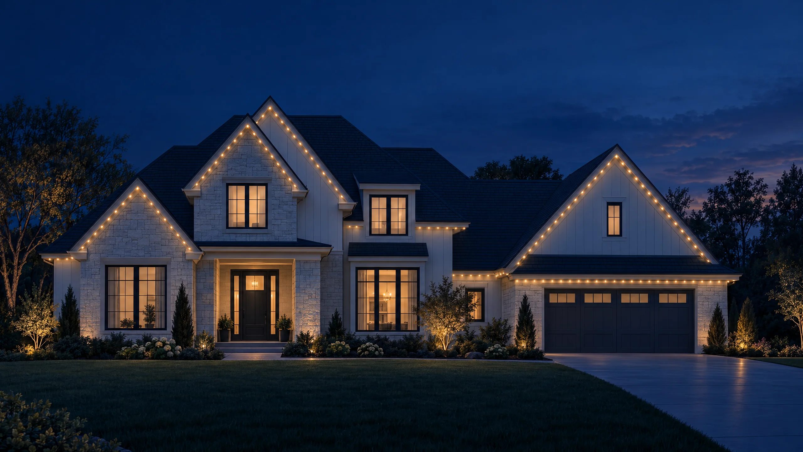 Illustrative roofline lighting concept on a gabled home at dusk