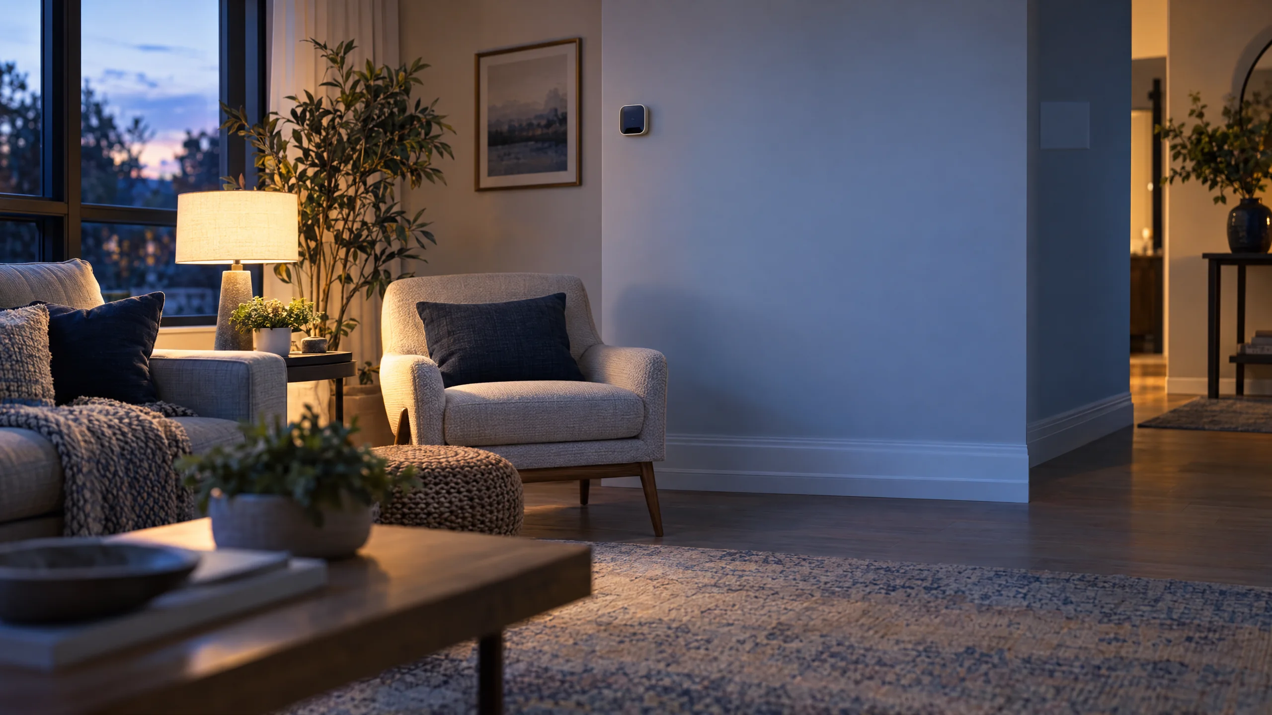 Warmly lit living room with a thermostat on the wall