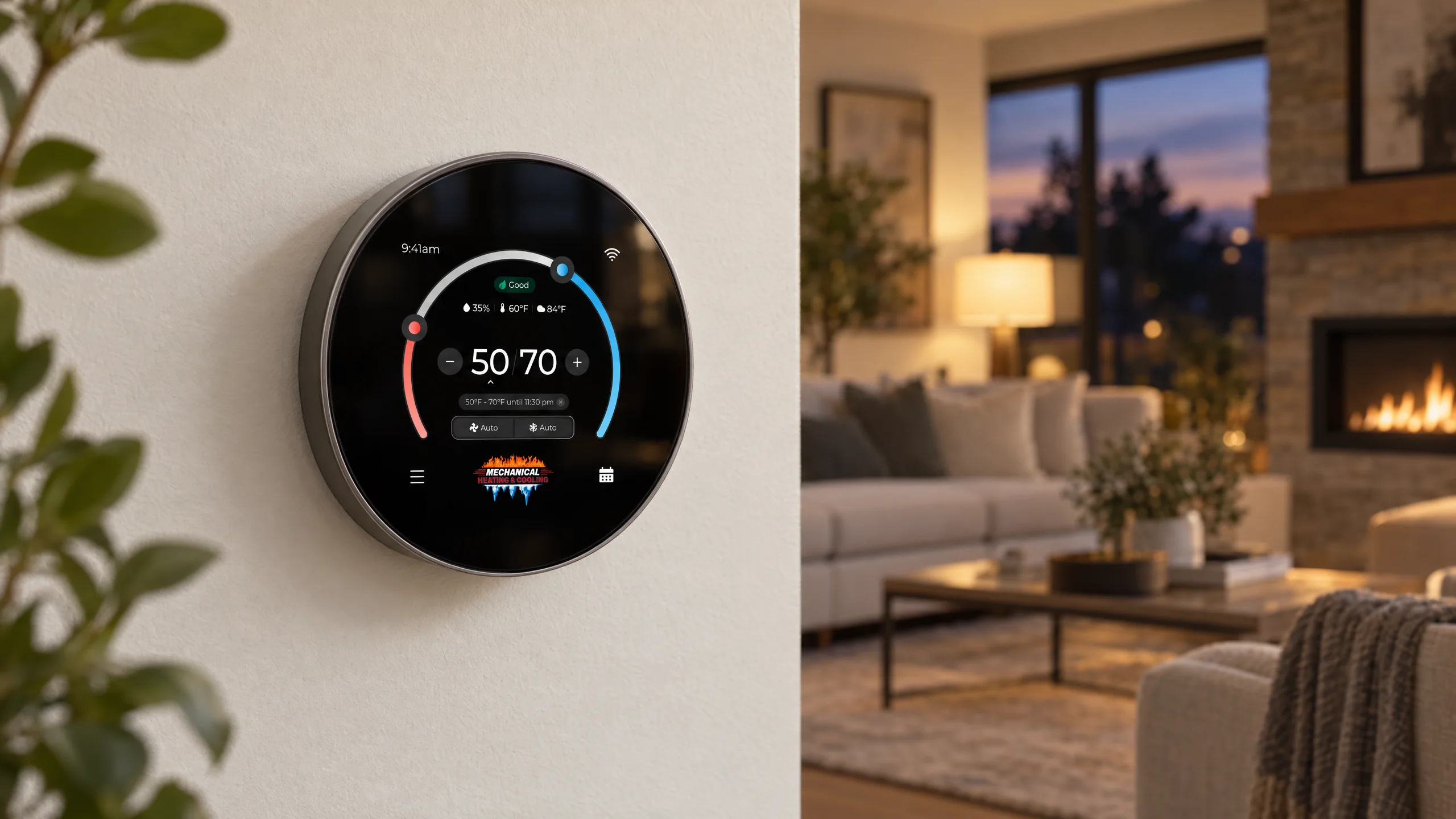 Lumi thermostat installed on an interior wall in a softly lit living room