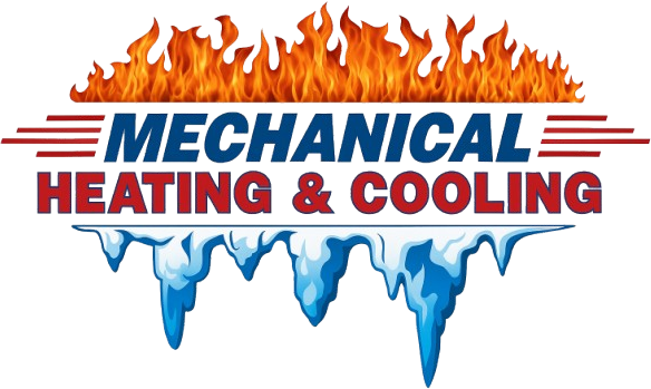 Mechanical Heating & Cooling logo featuring flames and ice, representing HVAC services.