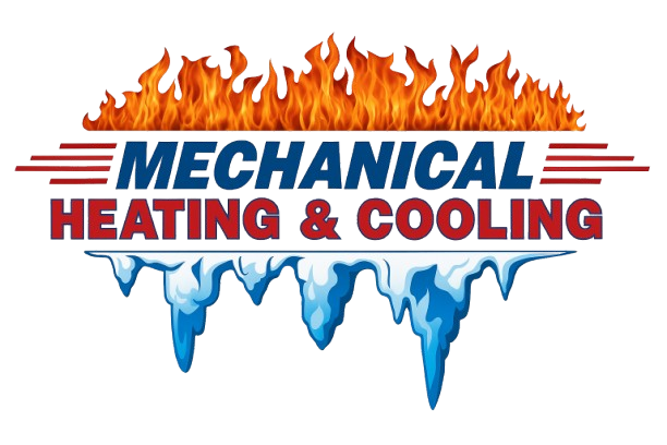 Mechanical Heating & Cooling logo featuring flames and icicles, symbolizing HVAC services for heating and air conditioning.