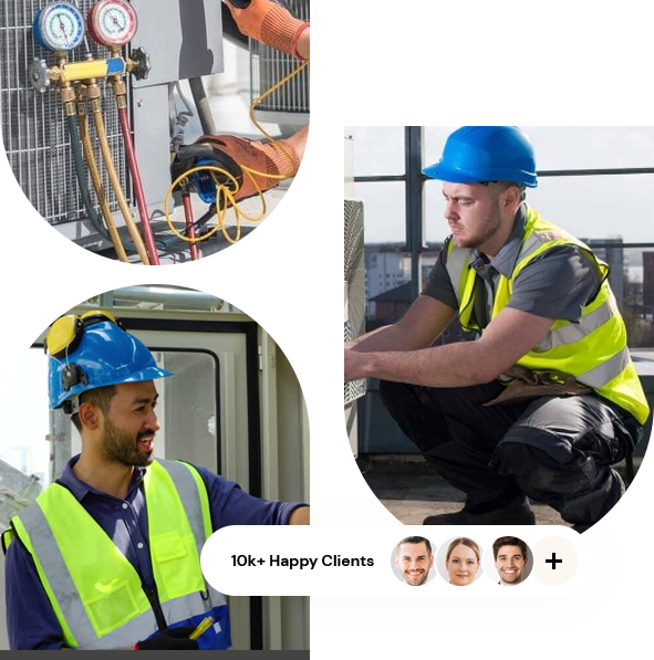 HVAC technicians working on equipment, showcasing expertise in heating and cooling services, with visuals of tools and safety gear, emphasizing Mechanical Heating & Cooling's commitment to quality service.