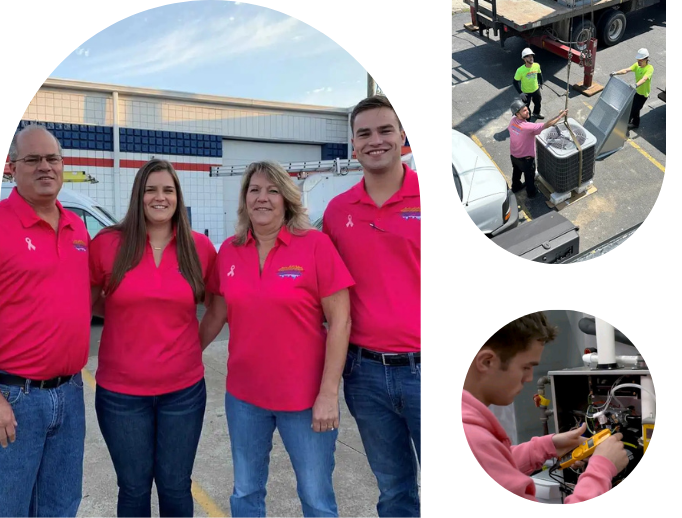 Team of HVAC professionals in pink shirts, showcasing Mechanical Heating & Cooling's commitment to customer service and community, with ongoing installation work and technician troubleshooting HVAC systems.