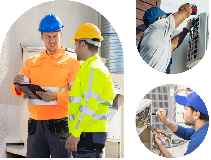 HVAC technicians discussing maintenance and installation, one taking notes while the other inspects a ductless air conditioning unit, emphasizing professional HVAC services in Canton.