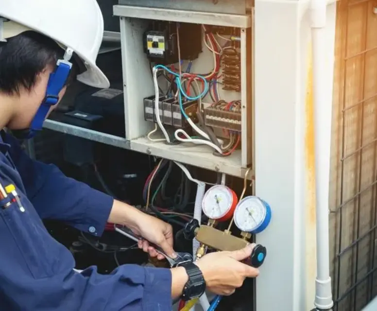 HVAC technician performing maintenance on an air conditioning unit, checking pressure gauges and inspecting electrical components.