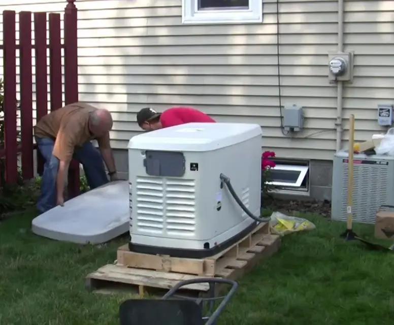 Technicians installing an automatic standby generator in a Madison Heights backyard, ensuring reliable power restoration during outages.