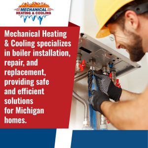 A technician in a yellow hard hat and safety gloves repairing a boiler.