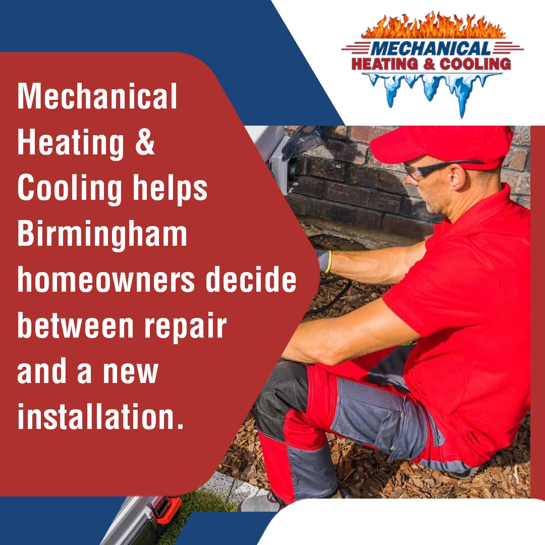 HVAC technician working on an outdoor heating and cooling unit to diagnose repair or replacement needs.