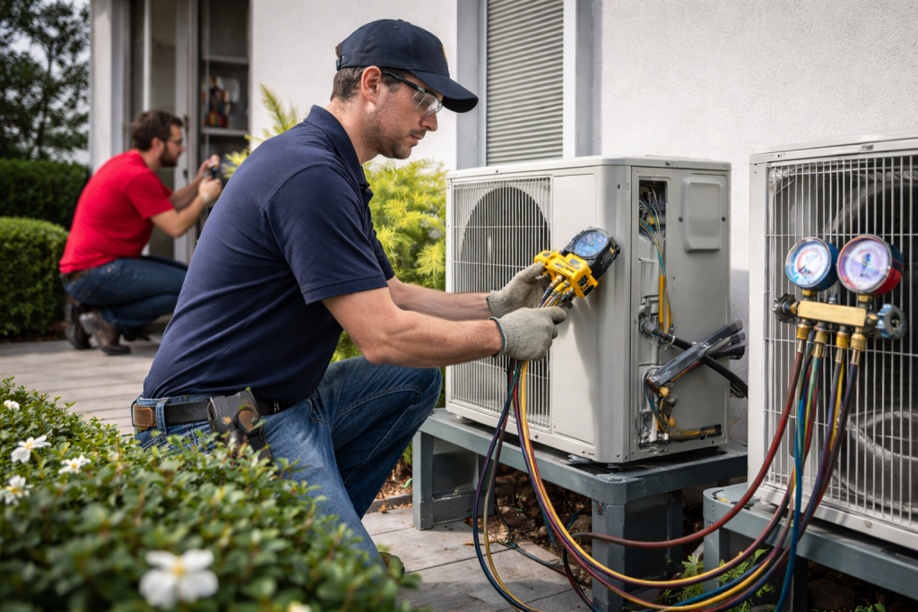 HVAC technician servicing outdoor air conditioning unit to diagnose system issues and prevent breakdowns